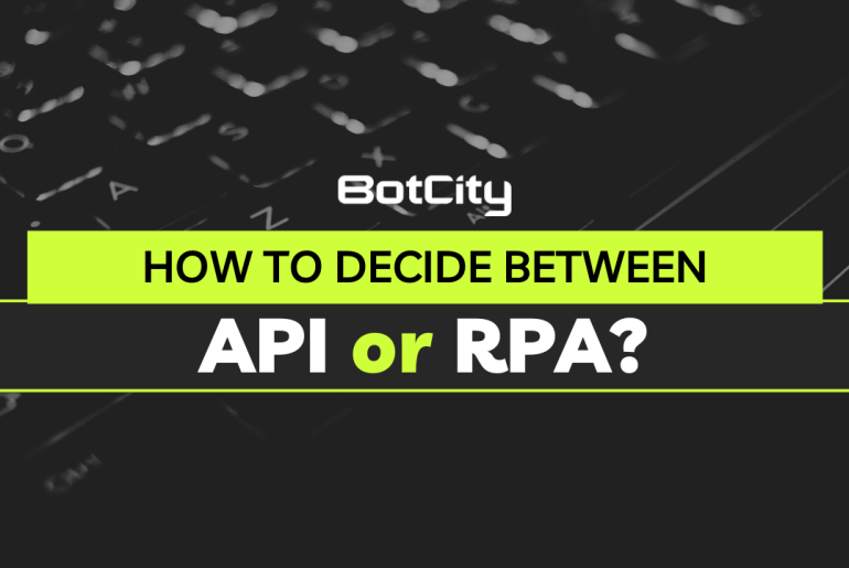 Background with an image of a keyboard in black and white. In the middle is the BotCity logo and just below it is written: "How to decide between API or RPA?".