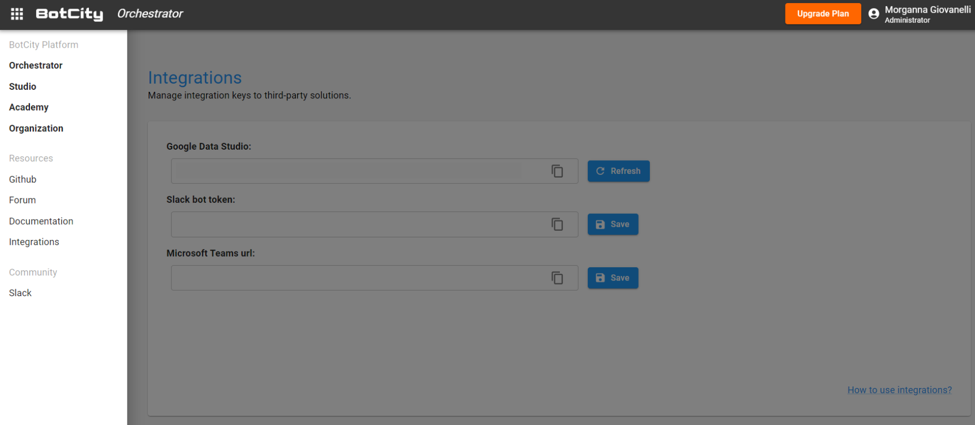 print do BotCity Orquestrador para mostrar a tela de integrações que faz parte da arquitetura de automação RPA.