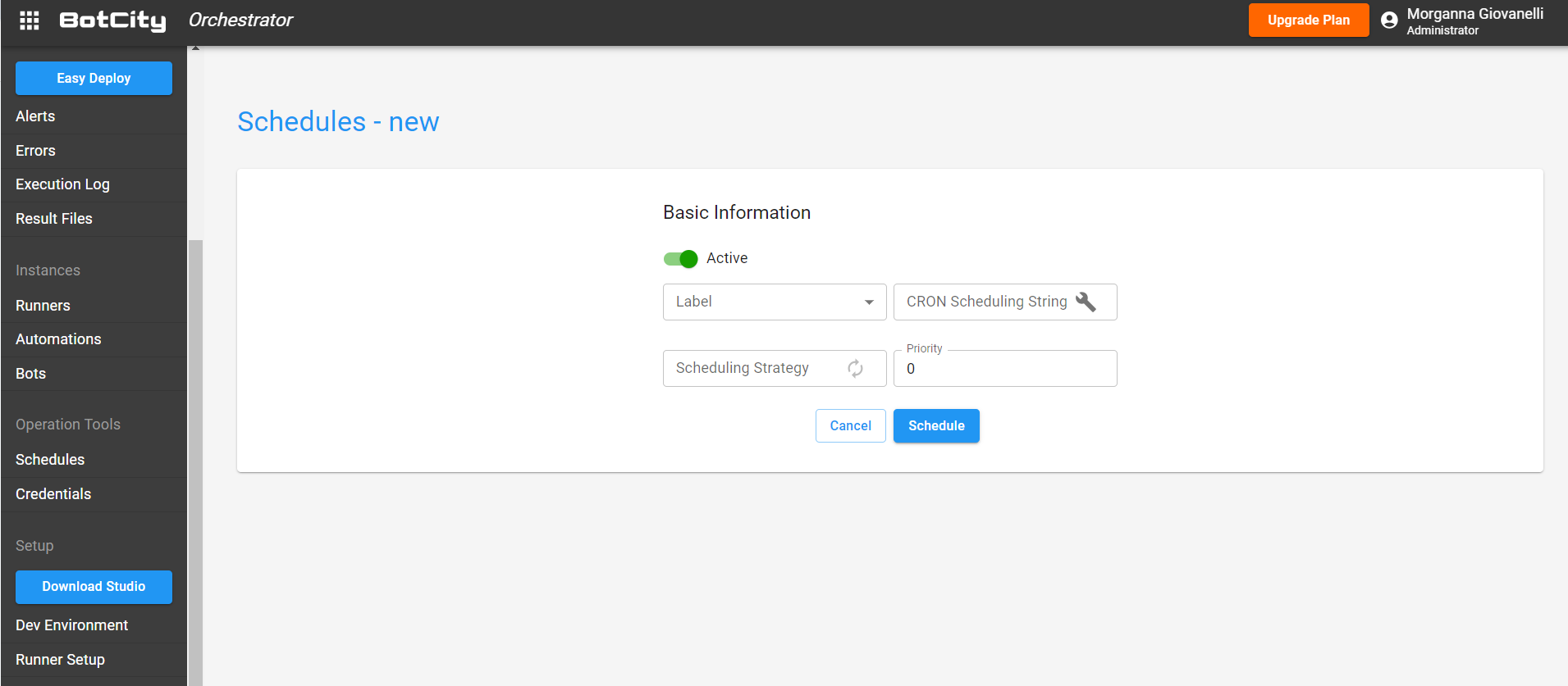 print da tela do BotCity Orquestrador para demonstrar parte do processo de arquitetura de automação, mostrando a funcionalidade de criar novo agendamento.