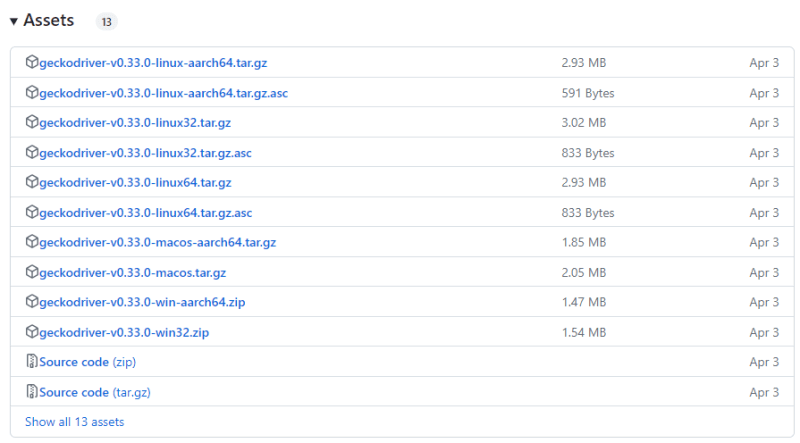 Print da área de assets do link mencionado acima mostrando as diferentes versões do driver para cada sistema.