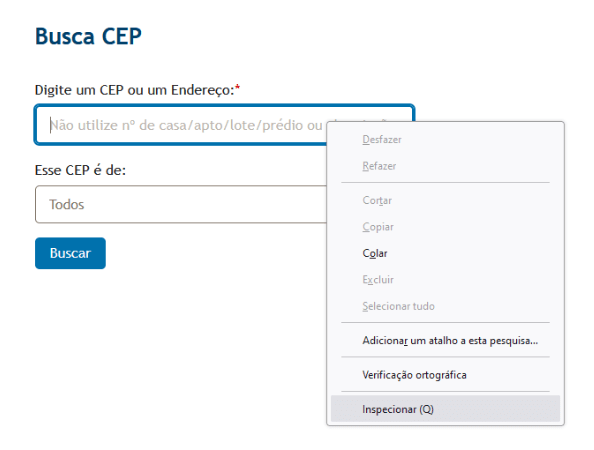 Screenshot of the highlighted zip code search fields and the menu showing the 
