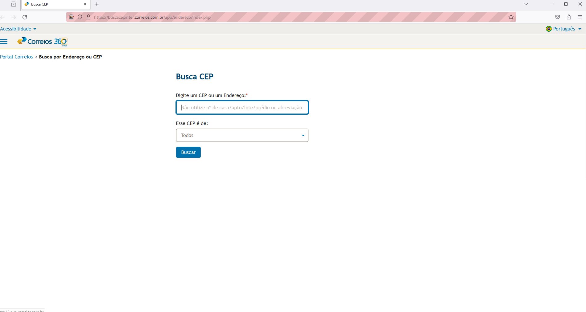 Screenshot the ZIP code and address query screen from the Brazilian post office website.