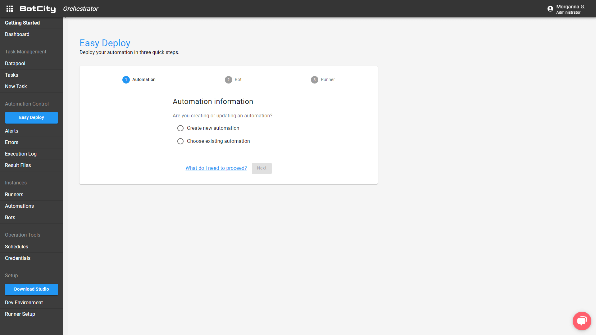 Easy Deploy screen print giving the option to create new automation or choose an existing one