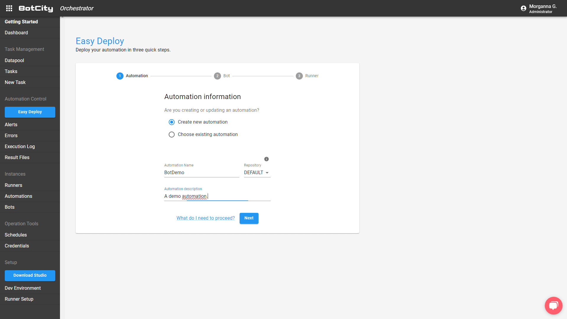 screenshot of the Easy Deploy screen with the options filled in according to the instructions in the text