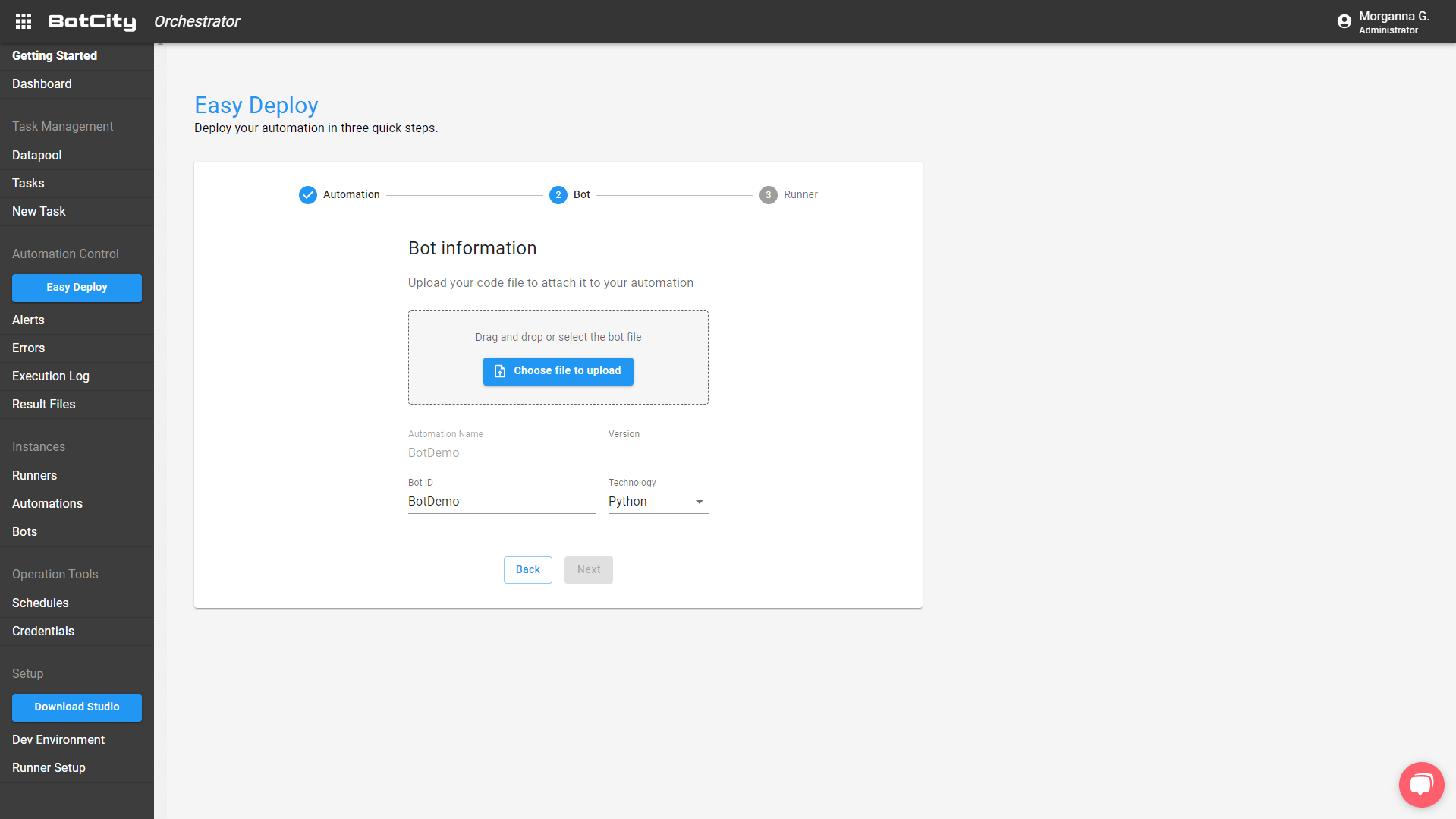screenshot of the second stage of deployment to upload the file and choose the technology and version