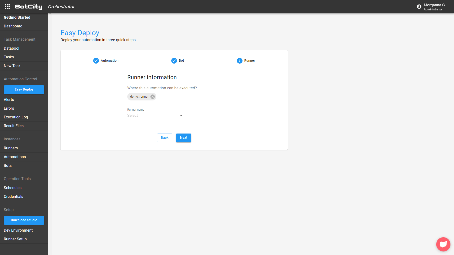 screenshot of the third stage, choosing the Runner