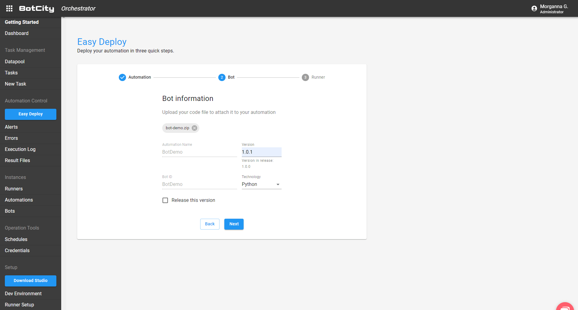 Easy Deploy screen with the new bot version 1.0.1