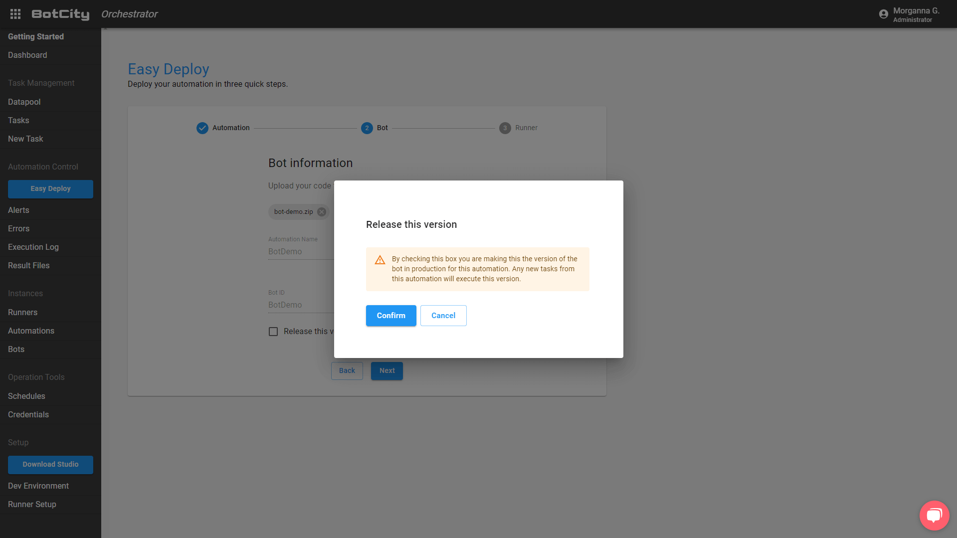 screen with release confirmation window being requested