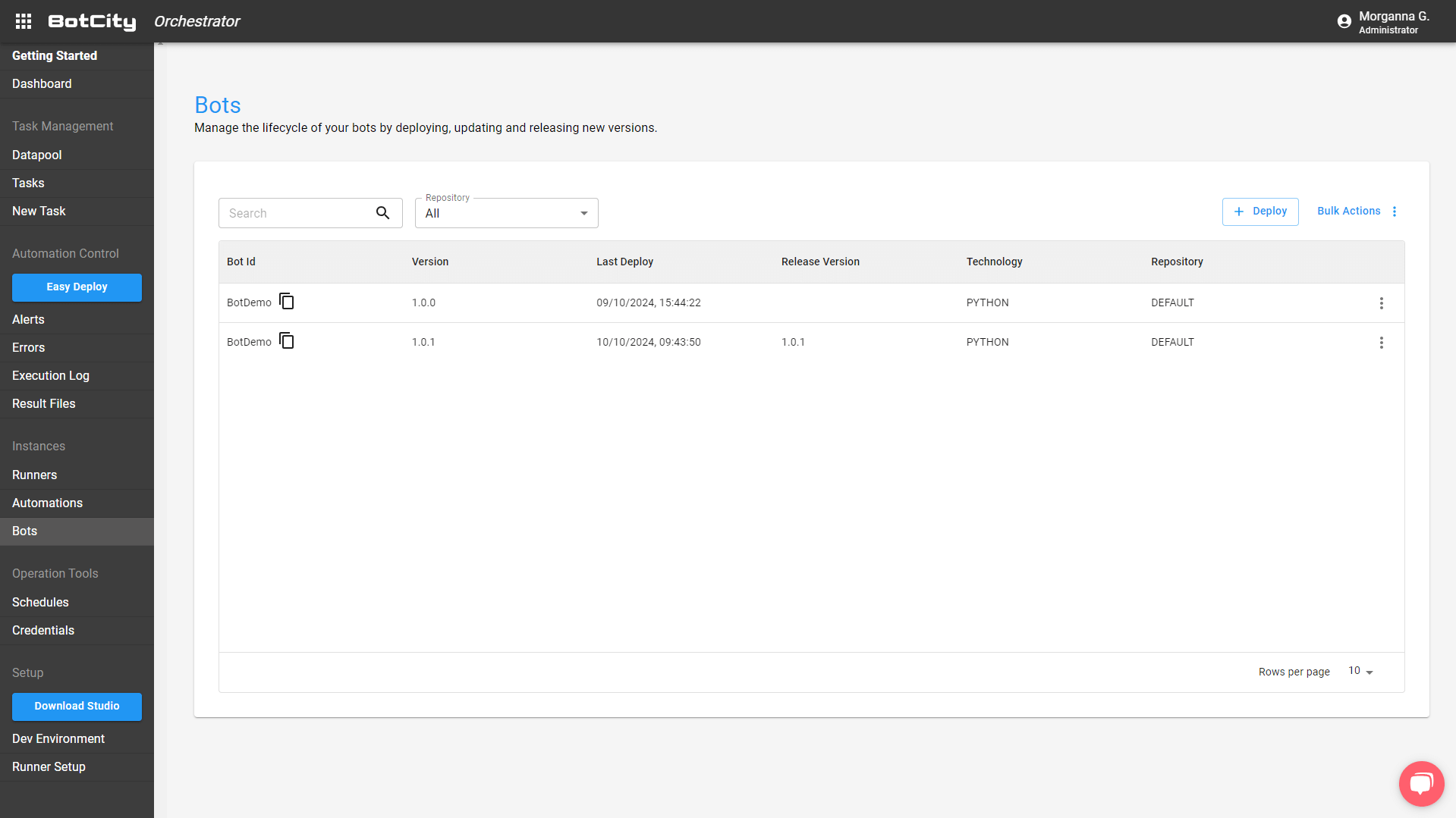 print of the Bots screen showing the robot options and their different versions